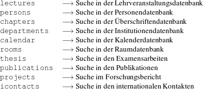 lec ture s       -→  Suche in der Lehrveranstaltungsdatenbank
per sons         -→  Suche in der Personendatenbank
cha pter s       -→  Suche in der Uberschriftendatenbank
dep artm ents    -→  Suche in der Institution end atenbank

cal enda r       -→  Suche in der Kalenderdatenbank
roo ms           -→  Suche in der Raum datenbank
the sis          -→  Suche in den E xamensarbeiten
pub lica tion s  -→  Suche in den Pub likationen
pro ject s       -→  Suche im Forschungsbericht
ico ntac ts      -→  Suche in den internationalen K ontakten
